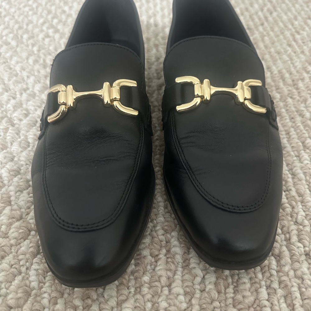 ZARA Black Leather Loafers with Gold Detailing